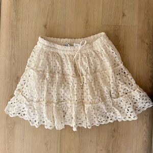 ZARA White Tiered Ruffle Eyelet Lace High Waist Skirt